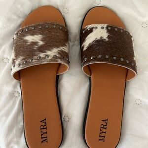 Myra Bag Brown and White Cowhide Stud Slide Sandals